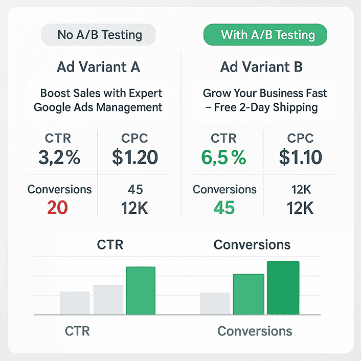ashboard visual comparing Google Ads A/B test results