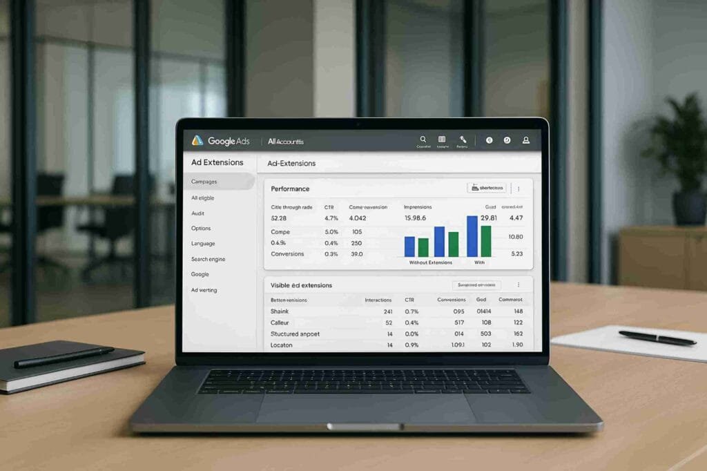 laptop mockup with Google Ads dashboard style screen in focus.
