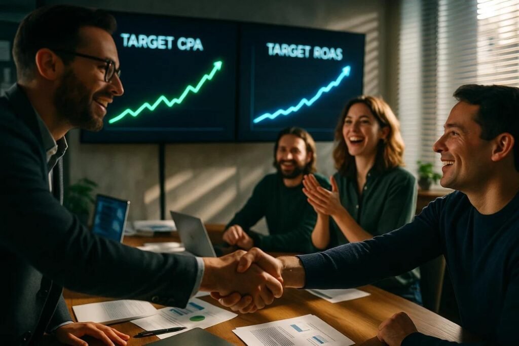 Target CPA vs ROAS campaign results chart images showing